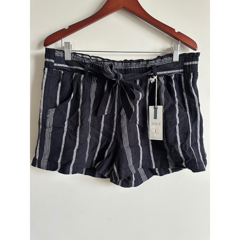 Jolt Womens XL Black White Striped Linen Blend Paperbag Waist Tie Shorts NEW